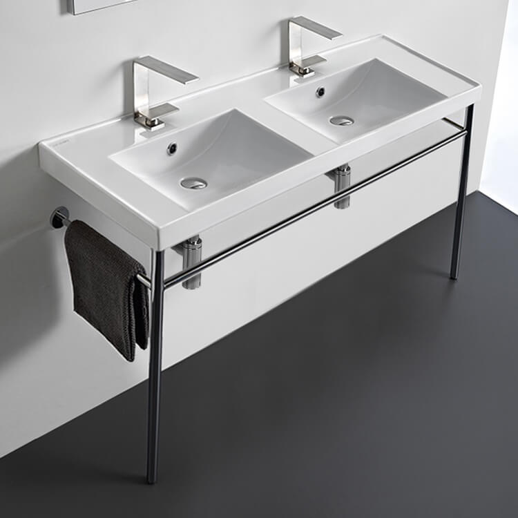 Bathroom Sink, Scarabeo 3006-CON, Double Basin Ceramic Console Sink and Polished Chrome Stand
